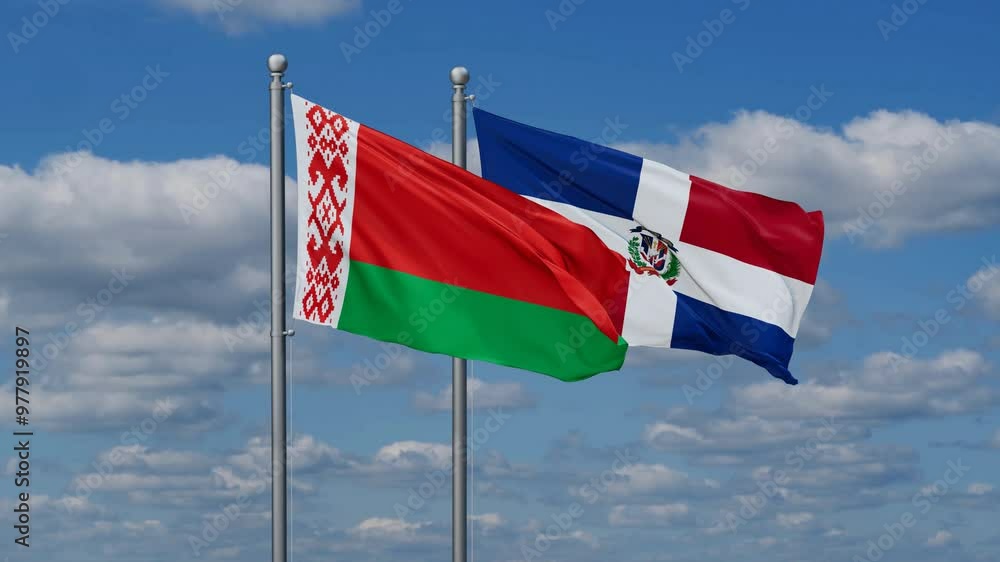 Dominican Republic and Belarus flags flying together, video concept of the relationship, two country relations concept Dominican Republic and Belarus flags flying together, video concept of the relationship, two country relations concept