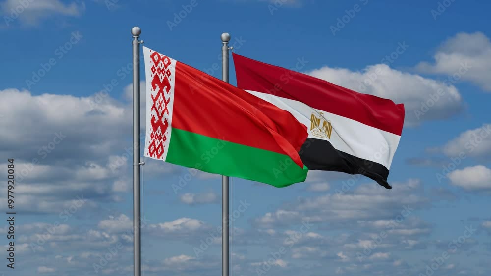 Egypt and Belarus flags flying together, video concept of the relationship, two country relations concept Egypt and Belarus flags flying together, video concept of the relationship, two country relations concept