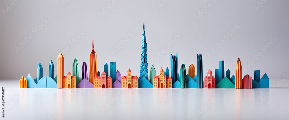 Illustrative depiction of a cityscape or skyline made of paper and designed against a bright background Illustrative depiction of a cityscape or skyline made of paper and designed against a bright background
