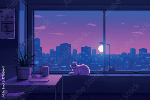 Cat cityscape twilight window view