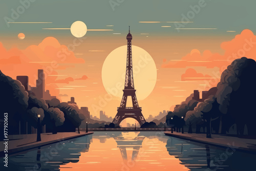 Eiffel Tower sunset illustration