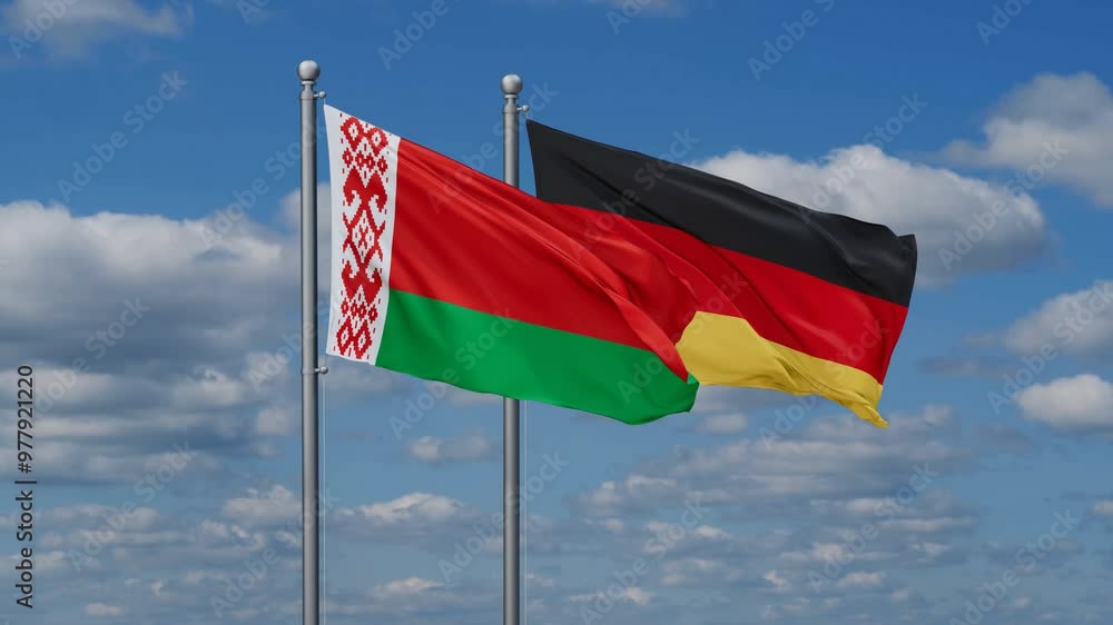 Germany and Belarus flags flying together, video concept of the relationship, two country relations concept Germany and Belarus flags flying together, video concept of the relationship, two country relations concept