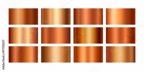 Copper foil texture background set. Vector golden shine metallic gradient template antique color for border, frame, ribbon design