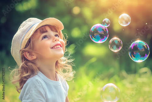 child looking at soap bubbles with happiness