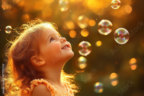 child looking at soap bubbles with happiness
