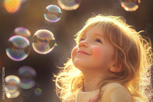 child looking at soap bubbles with happiness