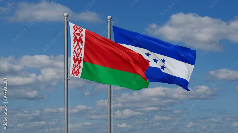 Honduras and Belarus flags flying together, video concept of the relationship, two country relations concept Honduras and Belarus flags flying together, video concept of the relationship, two country relations concept