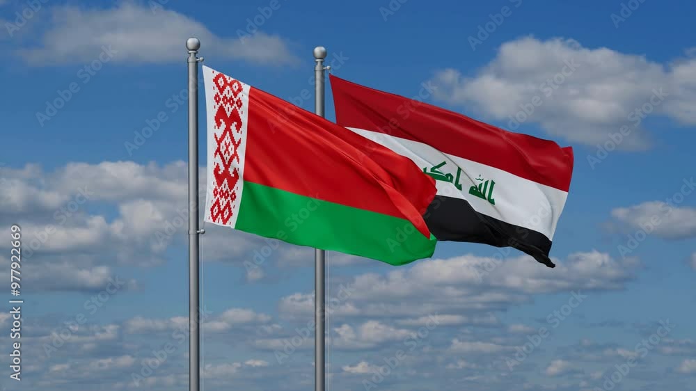 Iraq and Belarus two flags waving together on blue , video concept of the relationship Iraq and Belarus two flags waving together on blue , video concept of the relationship