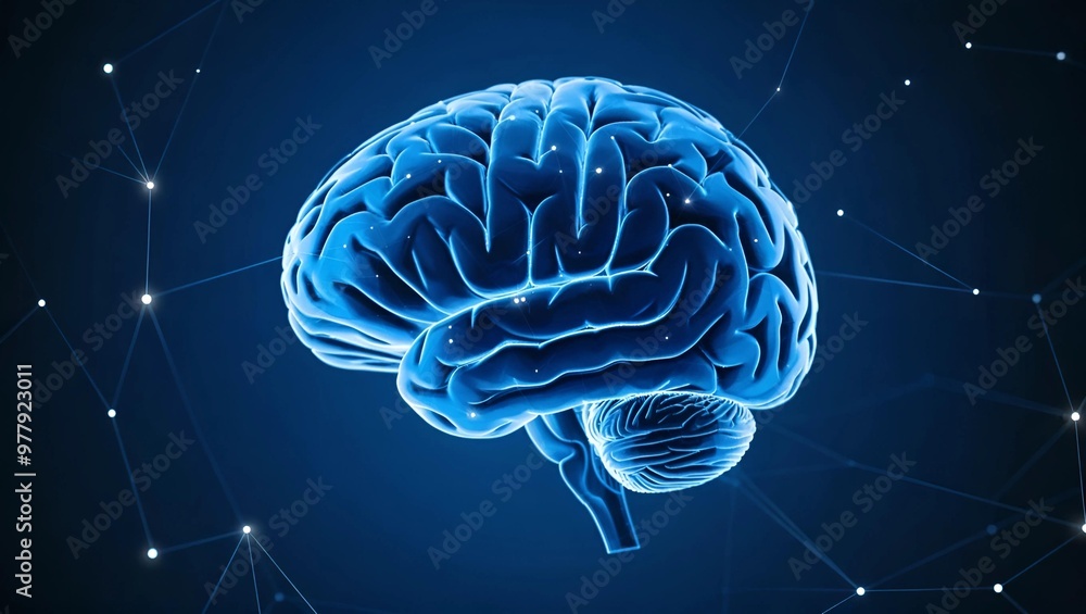 Blue-lit digital brain with neural connections and glowing dots, showcasing advanced AI technology, Generative AI. Blue-lit digital brain with neural connections and glowing dots, showcasing advanced AI technology, Generative AI.