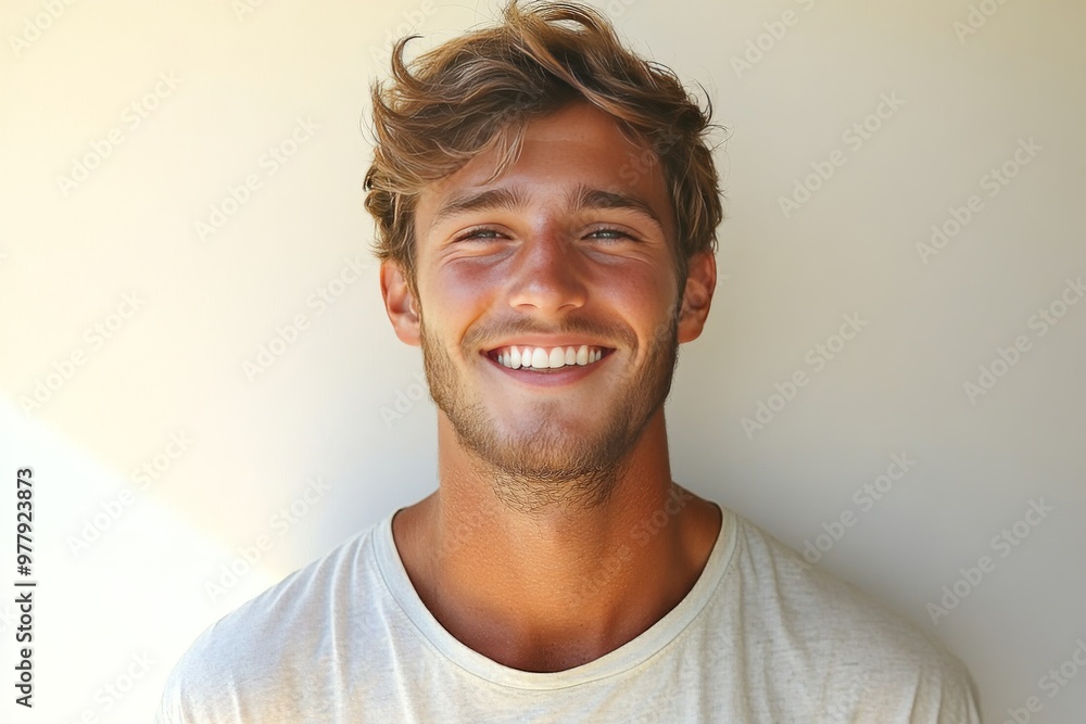Fototapeta premium Young man smiling confidently symbolizing joy positivity and youth in a casual environment with natural light