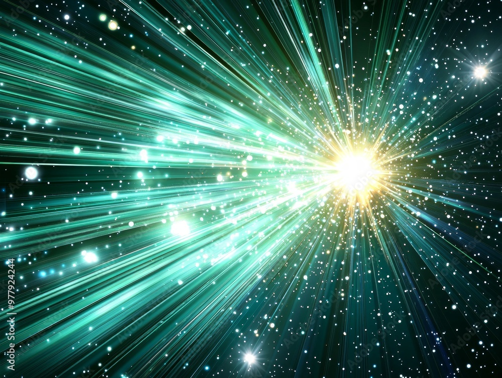 Naklejka premium vibrant explosion of green particles radiates outward, creating a high-energy spectacle. Glowing trails and cosmic dust shimmer intensely in the vast darkness of space.