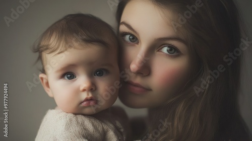 Close-up Portrait of a Young Woman Holding a Baby