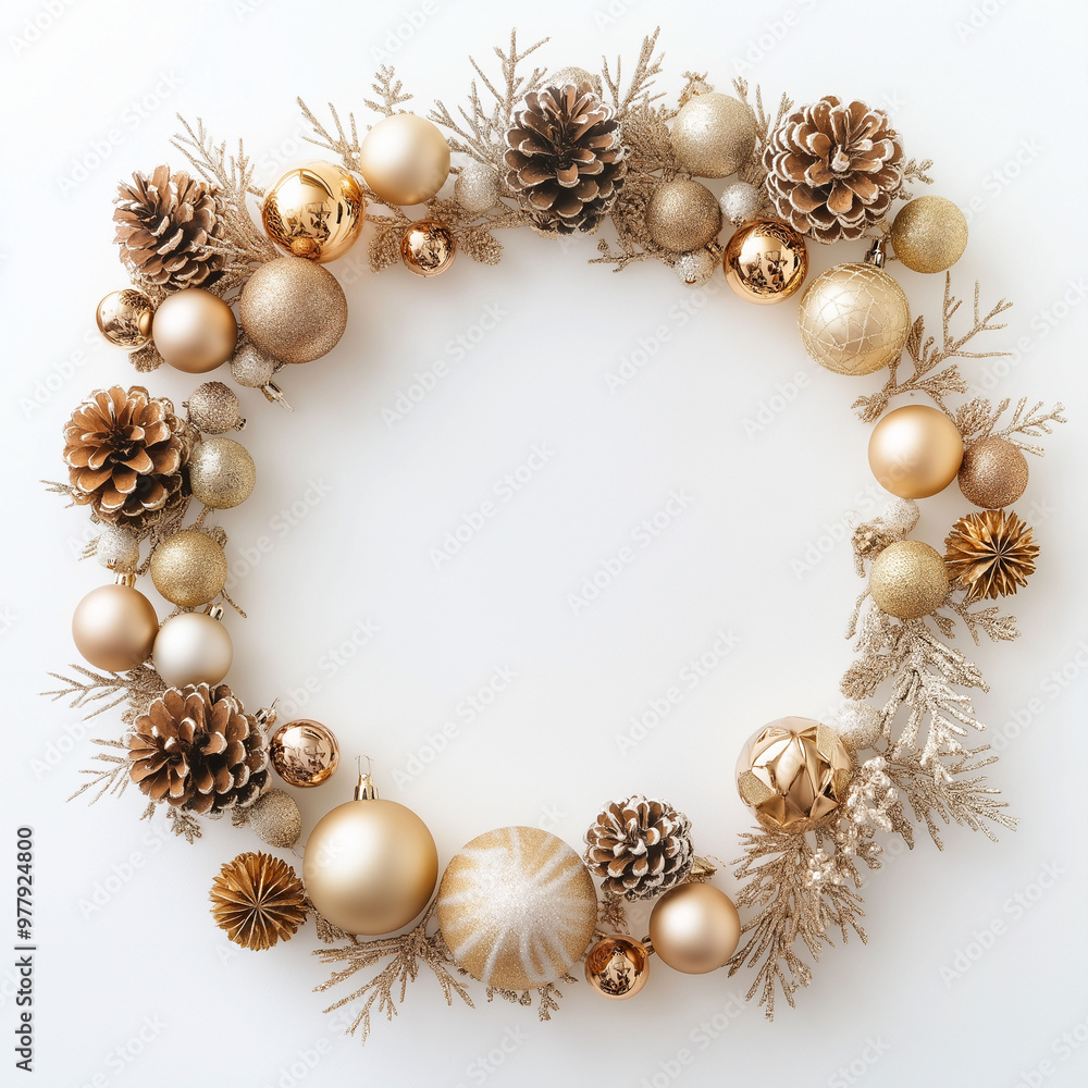 Festive Christmas wreath with gold, pinecones, and baubles on white background, holiday decoration concept Festive Christmas wreath with gold, pinecones, and baubles on white background, holiday decoration concept