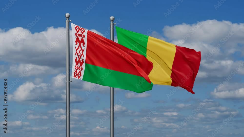Mali and Belarus flags waving together, video concept of the relationship, two country relations concept Mali and Belarus flags waving together, video concept of the relationship, two country relations concept