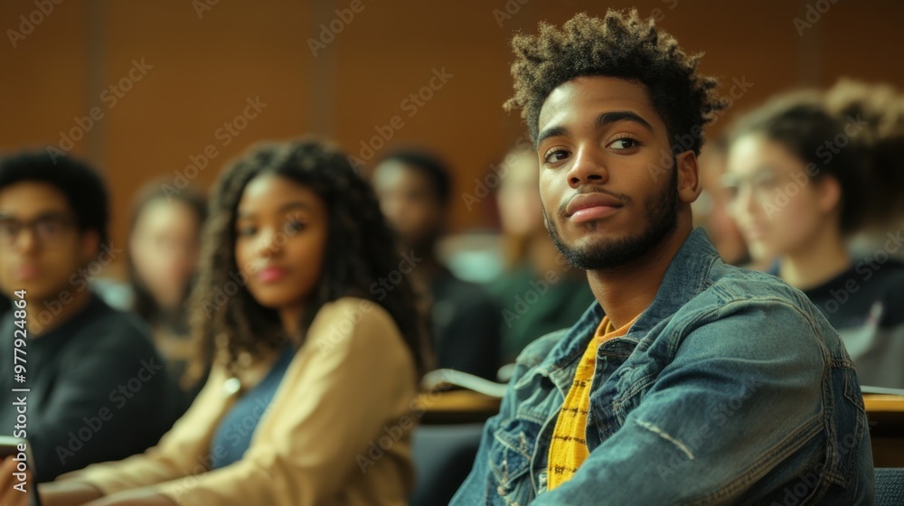 Young male student with a group of diverse classmates in a college lecture hall Young male student with a group of diverse classmates in a college lecture hall