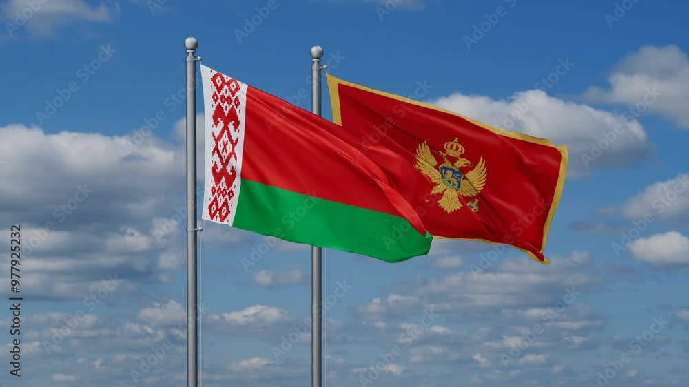 Montenegro and Belarus flags flying together, video concept of the relationship, two country cooperation concept Montenegro and Belarus flags flying together, video concept of the relationship, two country cooperation concept