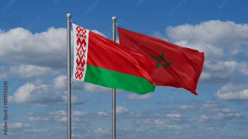 Morocco and Belarus flags flying together, video concept of the relationship, two country relations concept Morocco and Belarus flags flying together, video concept of the relationship, two country relations concept