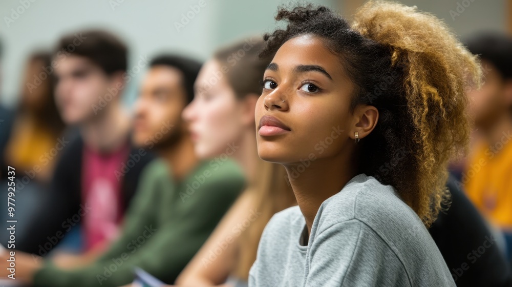 African American female student in classroom with diverse classmates African American female student in classroom with diverse classmates