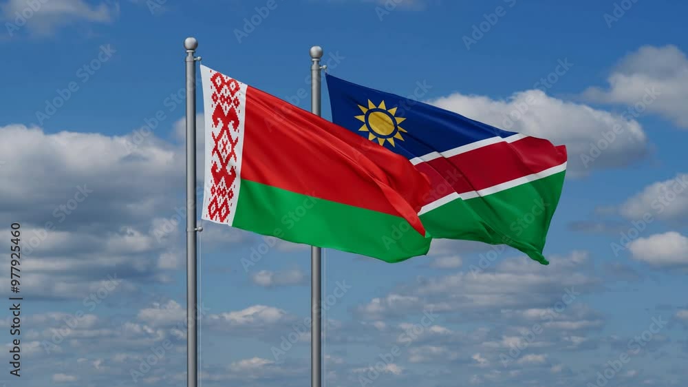 Belarus and Namibia flags flying together, video concept of the relationship, two country relations concept Belarus and Namibia flags flying together, video concept of the relationship, two country relations concept