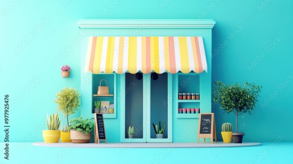 Miniature store model with yellow and white striped awning on a bright blue background Miniature store model with yellow and white striped awning on a bright blue background