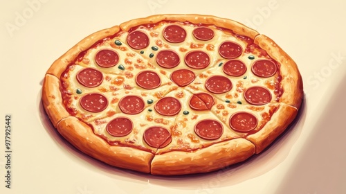 Illustration of a pepperoni pizza with olives on a plain background