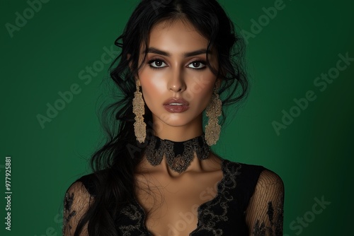 Elegant indian model showcasing intricate lace attire with bold jewelry against a vibrant green background in a fashion studio