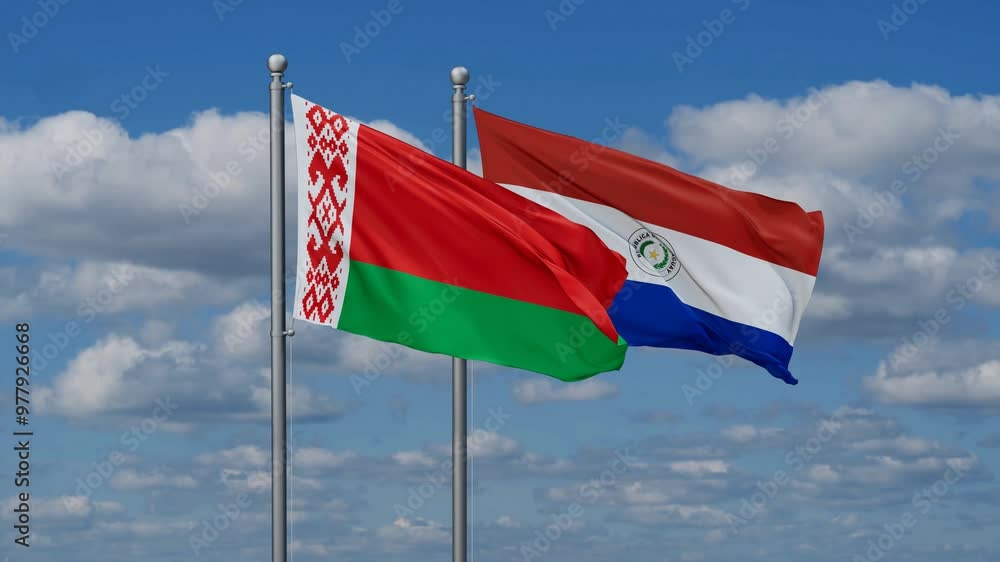 Paraguay and Belarus flags flying together, video concept of the relationship, two country relations concept Paraguay and Belarus flags flying together, video concept of the relationship, two country relations concept