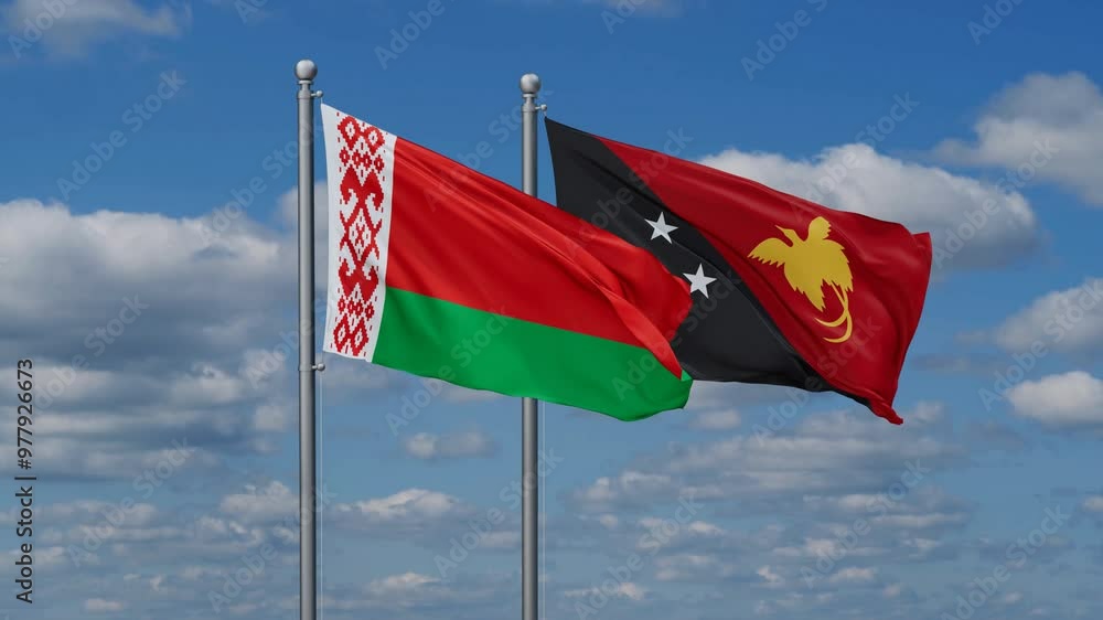 Papua New Guinea and Belarus flags flying together, video concept of the relationship, two country relations concept Papua New Guinea and Belarus flags flying together, video concept of the relationship, two country relations concept