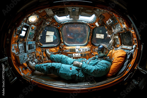 Astronaut resting inside a spacecraft cockpit with outer space view photo