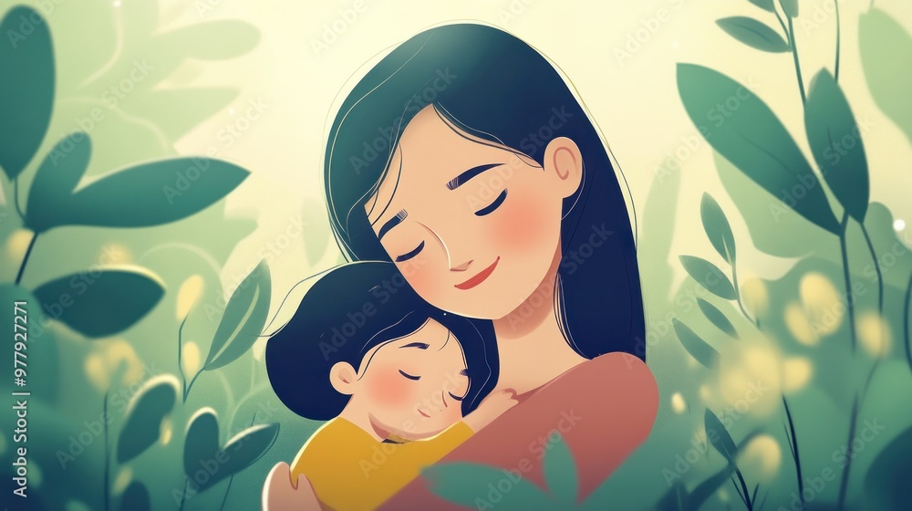 A mother lovingly embracing her child in a lush green setting. A mother lovingly embracing her child in a lush green setting.