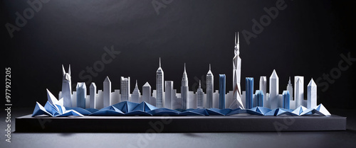 Illustrative depiction of a cityscape or skyline made of paper and designed against a dark background