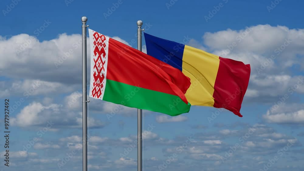 Romania and Belarus flags flying together, video concept of the relationship, two country cooperation concept Romania and Belarus flags flying together, video concept of the relationship, two country cooperation concept
