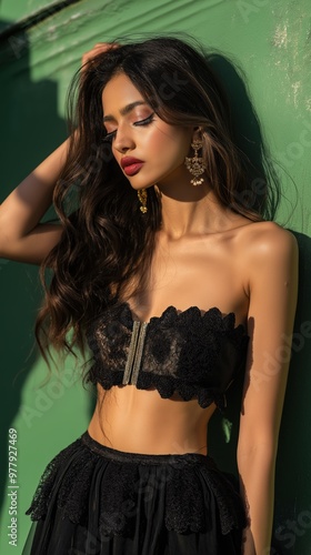 Elegant indian model showcasing intricate lace attire with bold jewelry against a vibrant green background in a fashion studio
