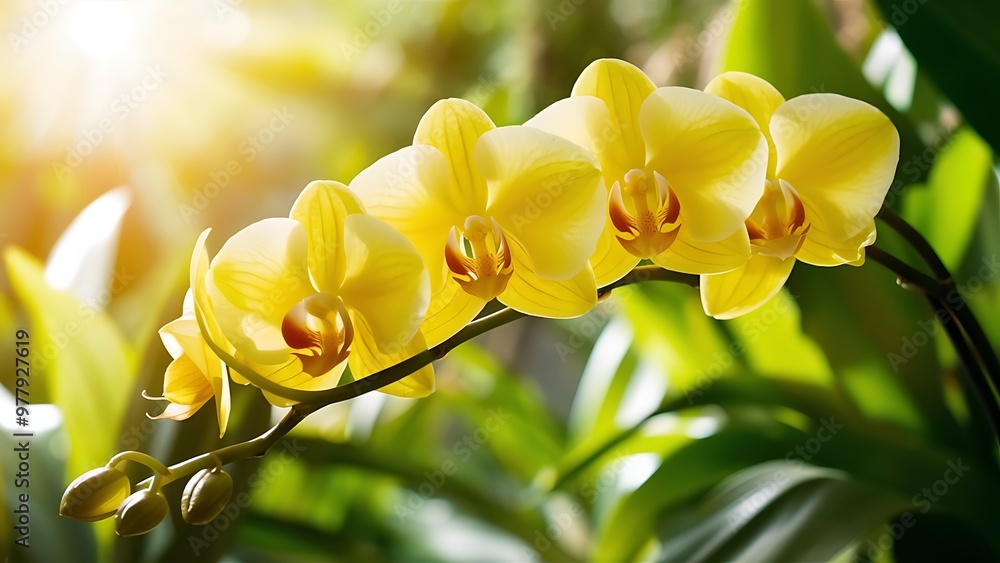 Obraz premium Bright yellow orchid growing on stem in bright sunlight