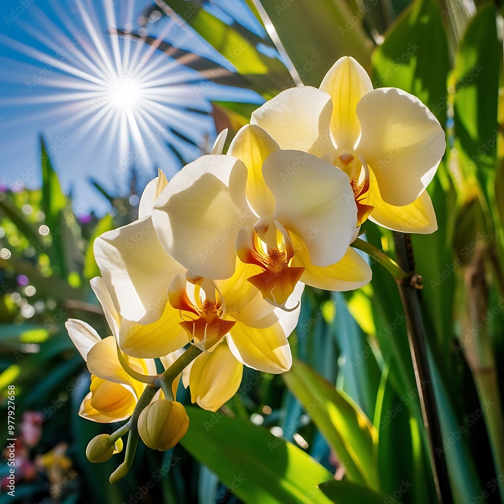 Obraz premium Bright yellow orchid growing on stem in bright sunlight
