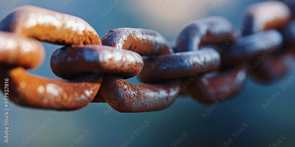 Close-up of a rusty metal chain showing weathered texture on each link against a soft blue background. Close-up of a rusty metal chain showing weathered texture on each link against a soft blue background.