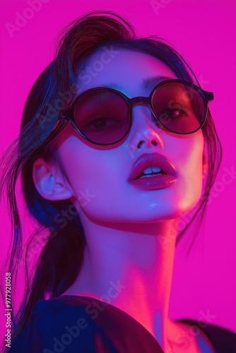 Stylish asian girl in sunglasses poses against a vibrant pink and purple background during a creative photoshoot in an urban setting