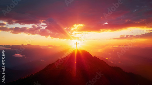 Divine Sunset: This stunning photo depicts a mountain with a cross on top at dusk, signifying Jesus Christ's death and arousing strong religious feelings connected to Easter and Christianity.