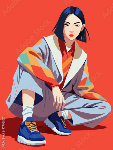 座ったポーズをとる日本人女性モデル