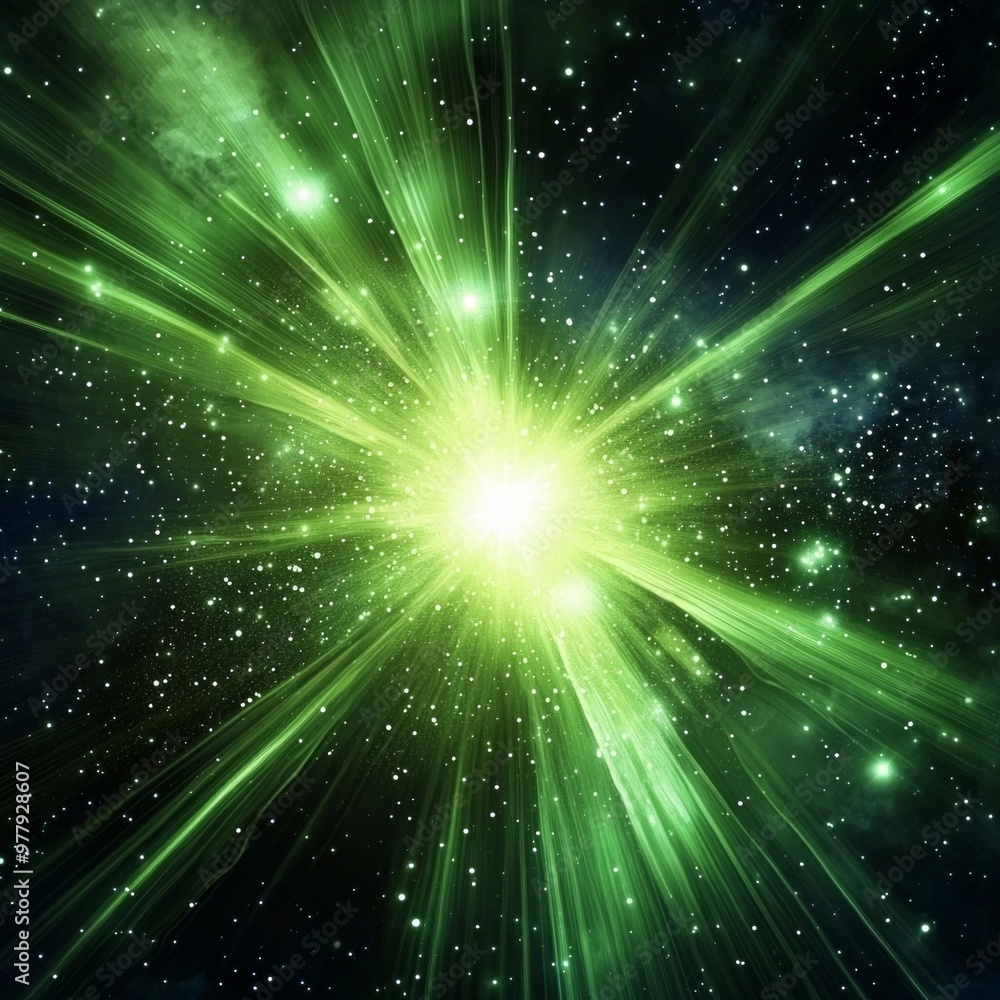 Witness a spectacular cosmic event where a radiant core unleashes a burst of intense green particles, illuminating the dark void, scattering energy across the vast expanse. Witness a spectacular cosmic event where a radiant core unleashes a burst of intense green particles, illuminating the dark void, scattering energy across the vast expanse.