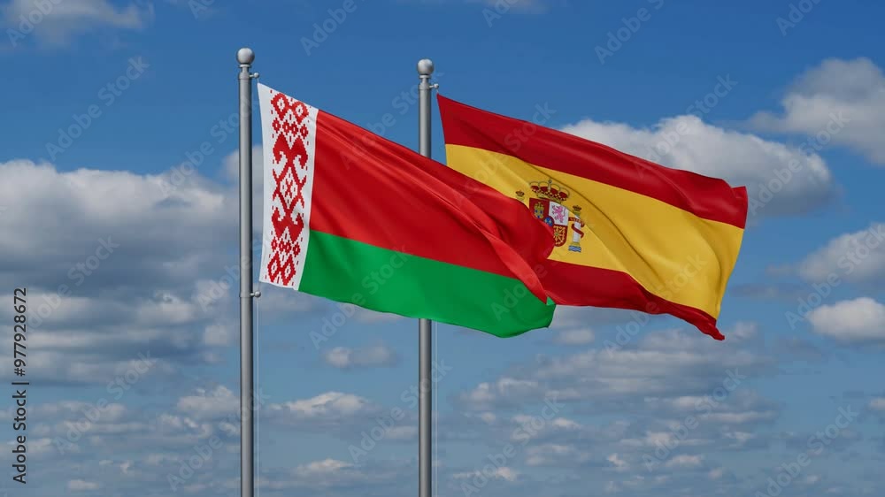 Spain and Belarus flags flying together, video concept of the relationship, two country cooperation concept Spain and Belarus flags flying together, video concept of the relationship, two country cooperation concept