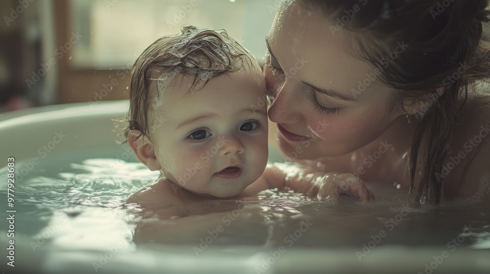 A mother lovingly looking at her baby in a bathtub full of bubbles A mother lovingly looking at her baby in a bathtub full of bubbles