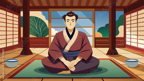 中世日本の男性、瞑想姿のベクターイラストレーション
