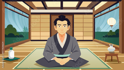 中世日本の男性、瞑想姿のベクターイラストレーション
