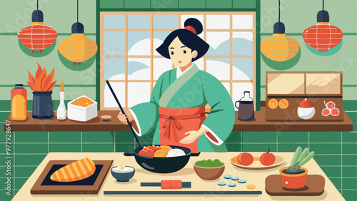 日本の女性シェフがキッチンで料理するベクターイラスト
