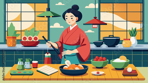 日本の女性シェフがキッチンで料理するベクターイラスト
