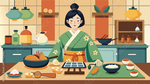 日本の女性シェフがキッチンで料理するベクターイラスト
