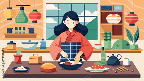 日本の女性シェフがキッチンで料理するベクターイラスト
