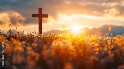 Easter Religious concept The cross on meadow autum 