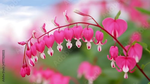 Pretty floral spray of pink bleeding heart vine outdoors with a soft focus background.